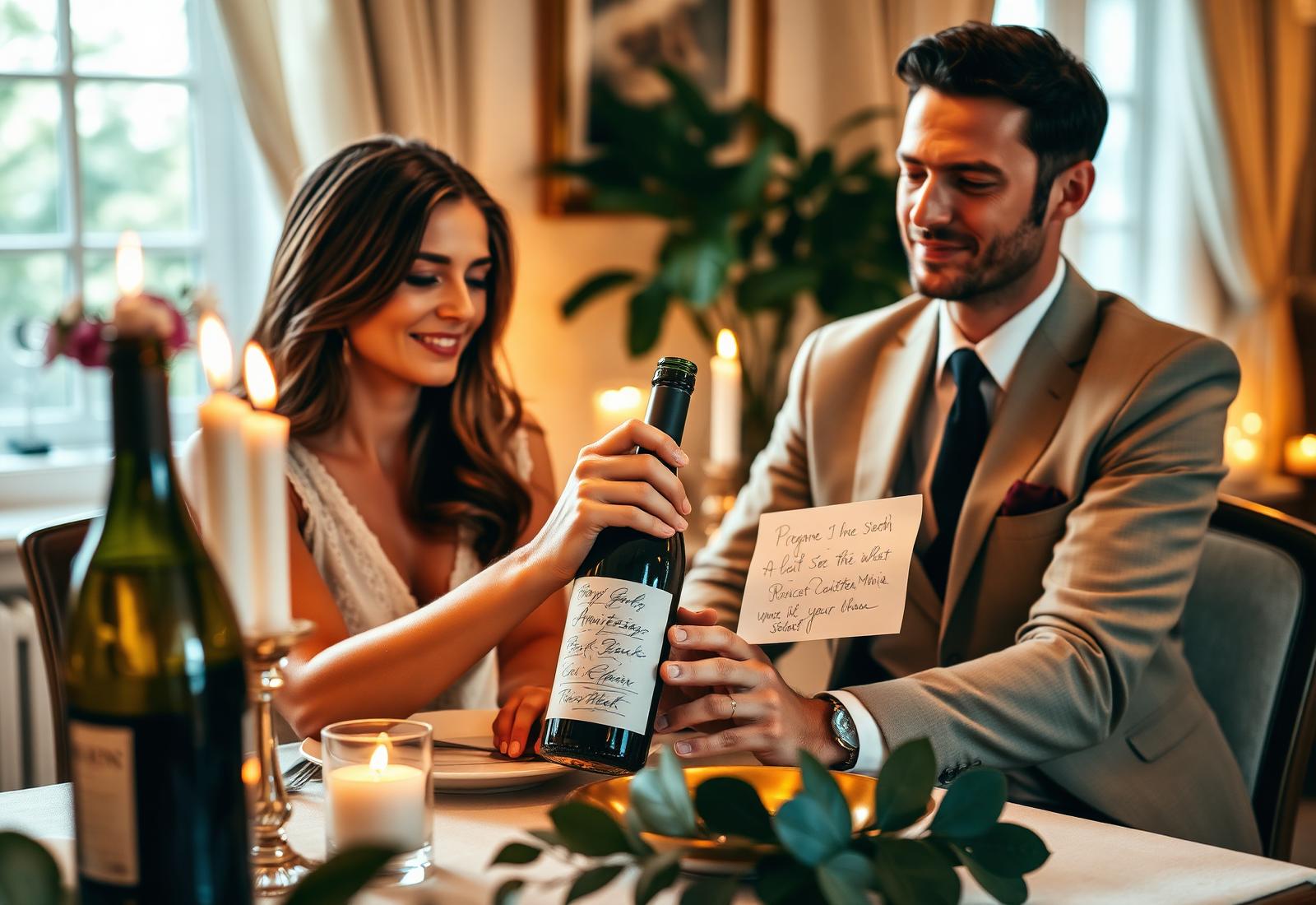 A couple opens a signed anniversary bottle at an intimate candlelit dinner