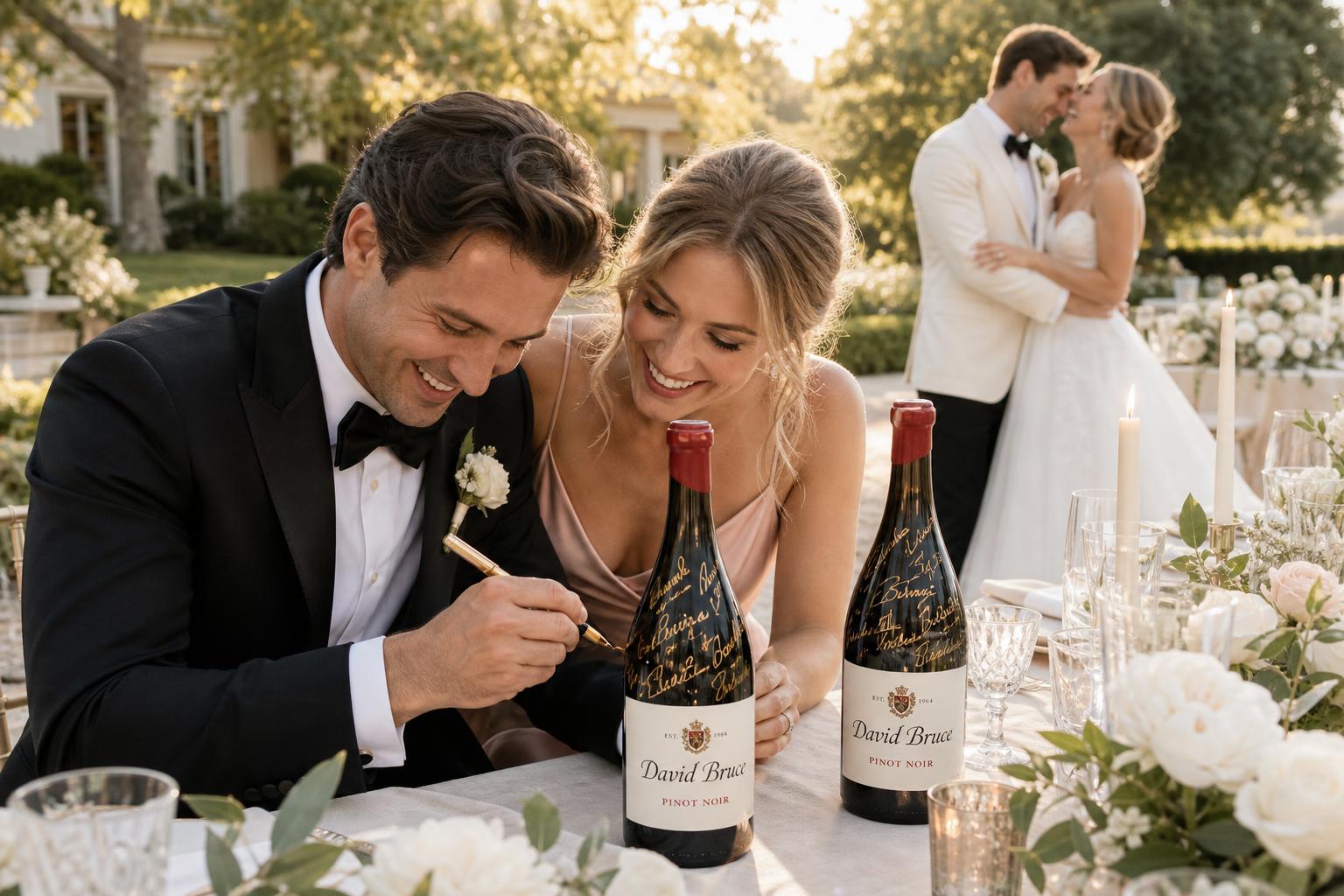Wedding guests signing premium anniversary bottles at an elegant reception signing table