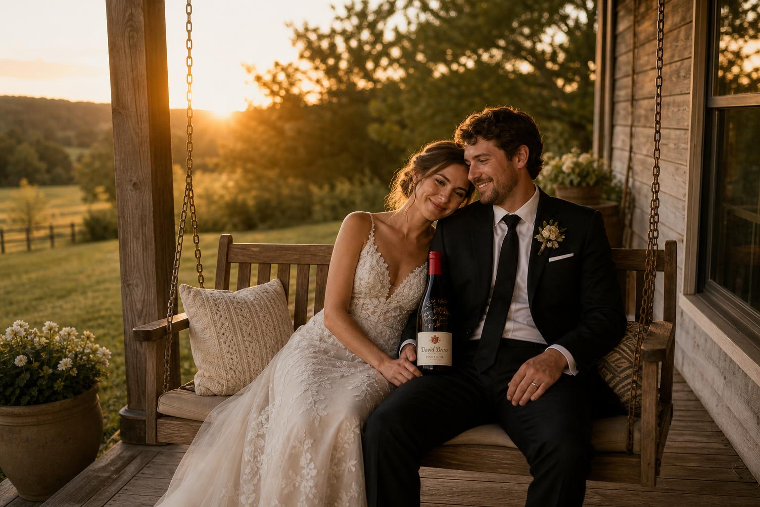 A couple opens a signed anniversary bottle at sunset